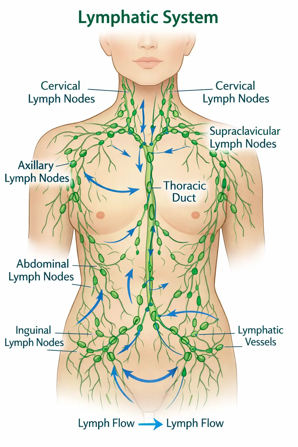 Manual lymphatic drainage diagram showing lymph nodes and lymphatic flow pathways in the body