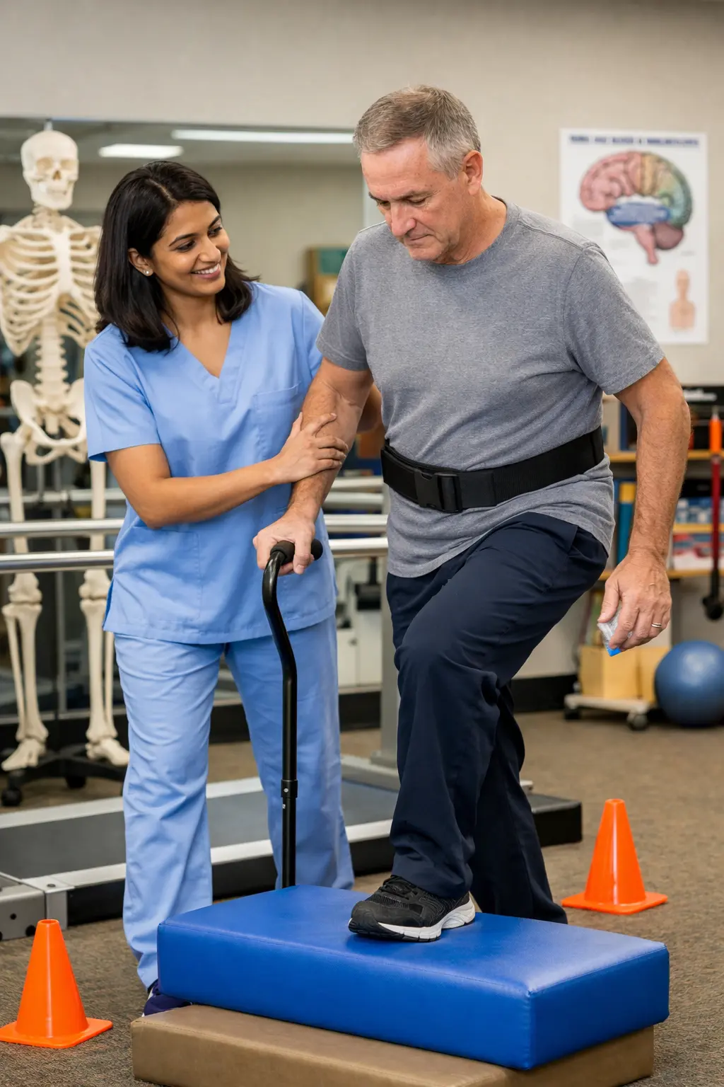 Adult neuro physiotherapy session in Hamilton and Stoney Creek with a physiotherapist helping an older patient improve balance, stepping, and safe mobility.
