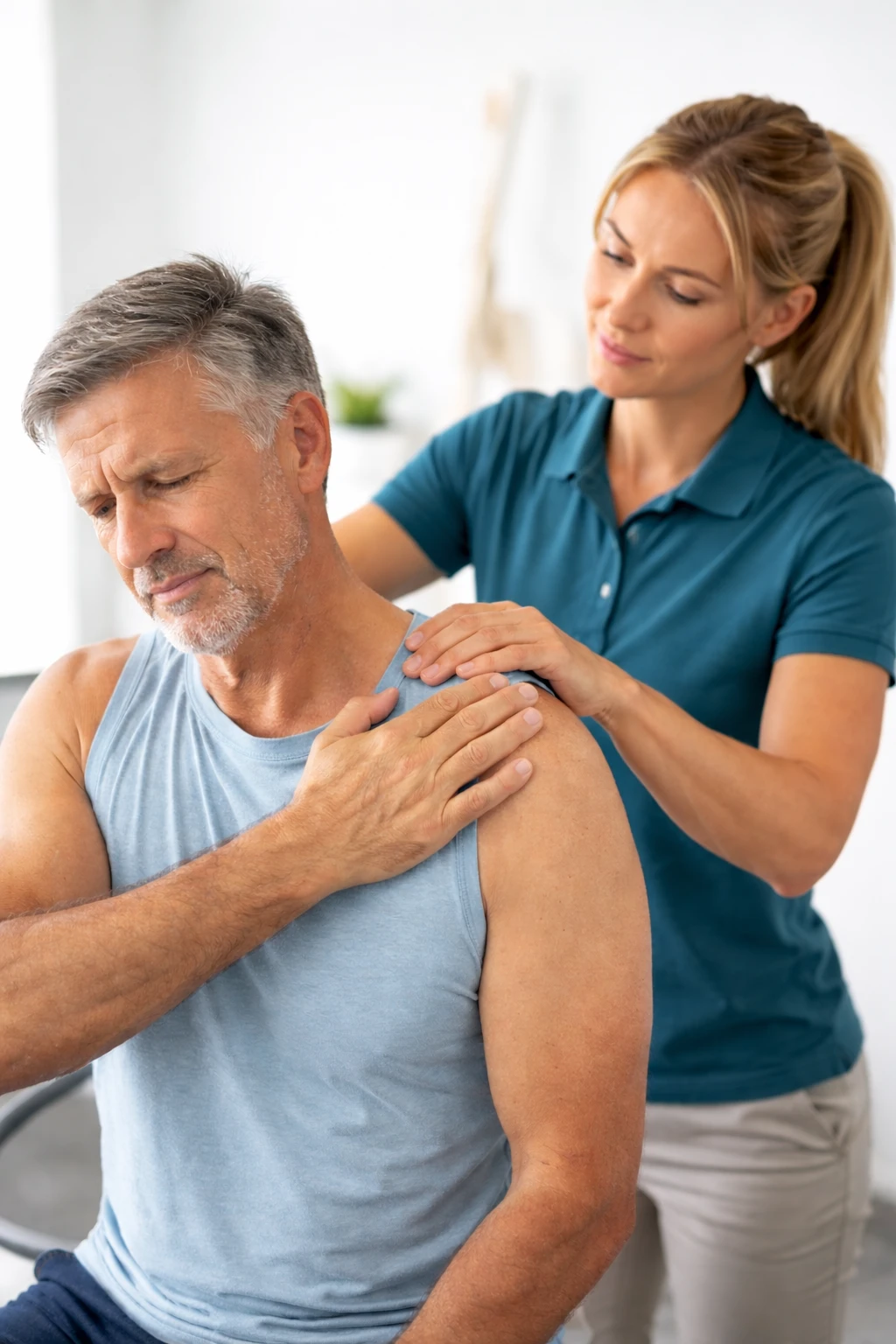 Female physiotherapist performing rotator cuff treatment in Hamilton physiotherapy clinic
