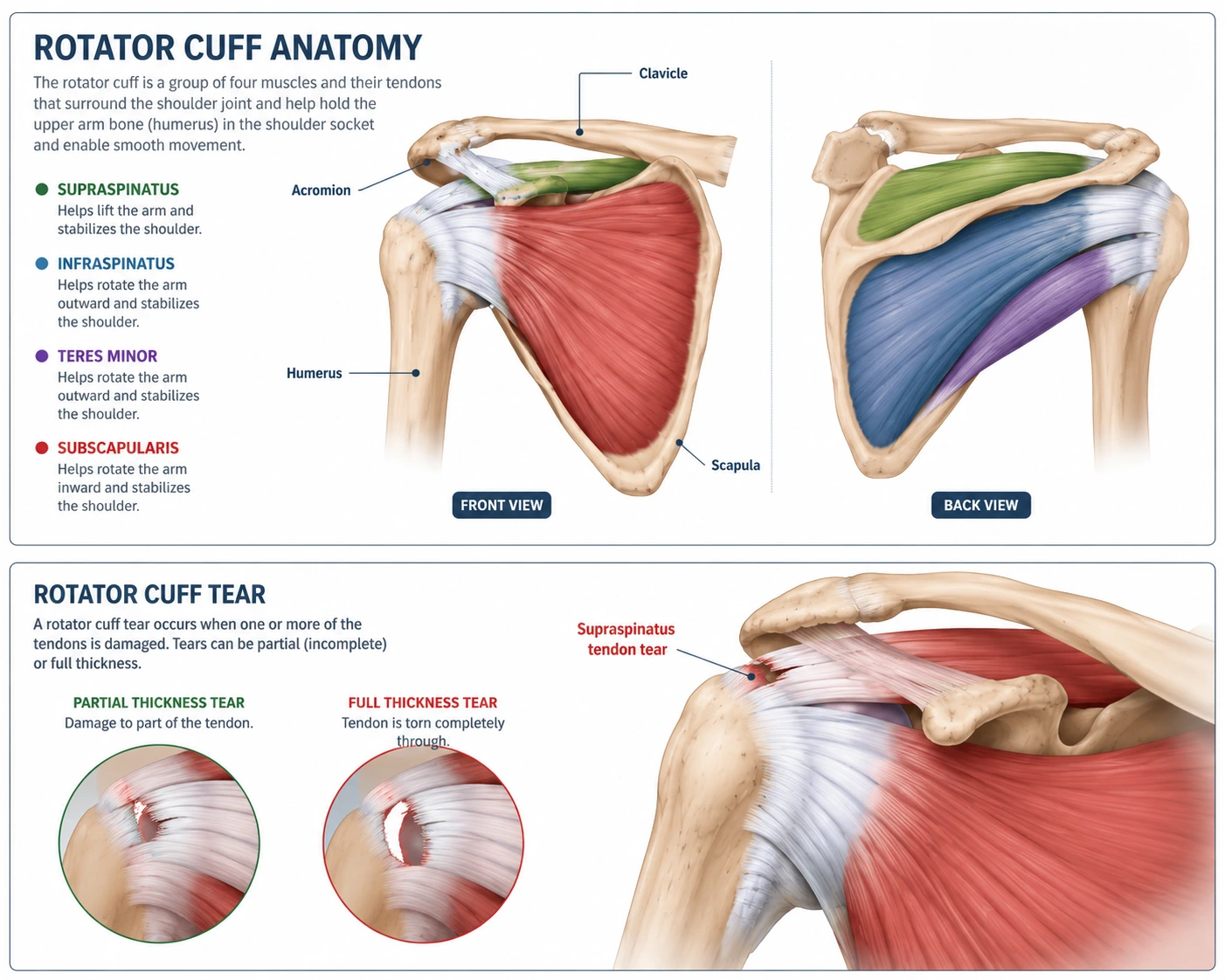 Rotator cuff anatomy showing supraspinatus, infraspinatus, teres minor and subscapularis muscles with rotator cuff tear illustration – HamiltonStoney Creek.